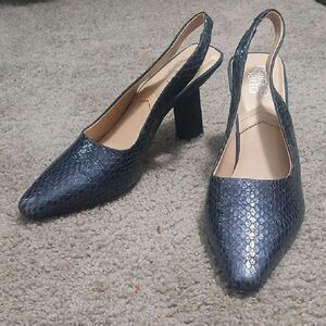 Franco Sarto blue Milano2 snakeskin print Slingback pointed toe heels Sz 10 EUC